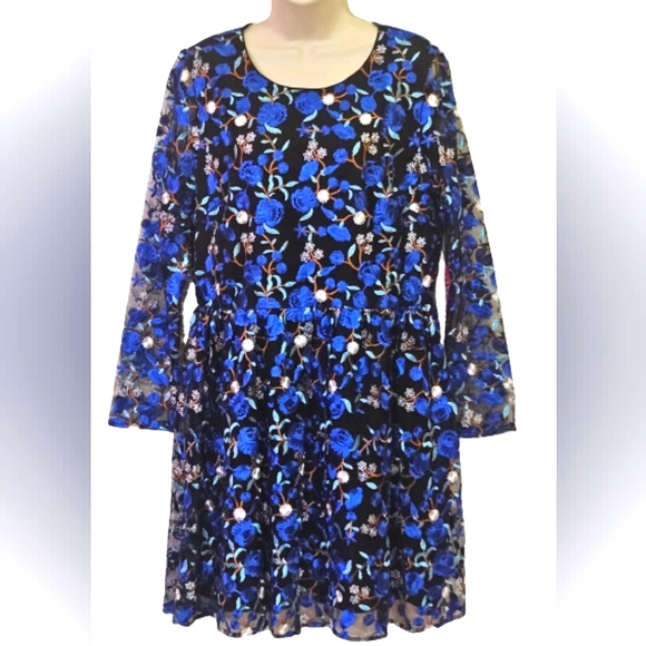 Belle Badgley Mischka Dresses & Skirts - Belle Badgley Mischka Blue/Black Floral MultiColor Embroidered Dress,Size 14,NWT